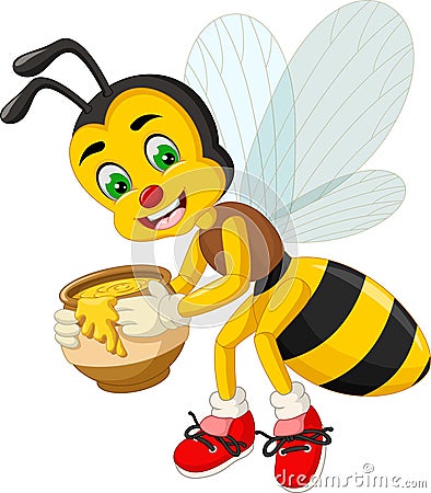 Funny Flying Yellow Bee With Honey Cartoon Stock Photo