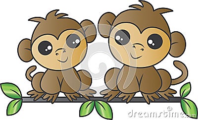 Two adorable monkeys sitting on a branch Vector Illustration