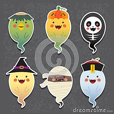 Cartoon Halloween ghosts - kappa river imp, jack o lantern, skeleton, witch, mummy and chinese zombie Vector Illustration