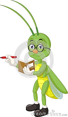 Funny Green Grasshopper With Book And Pen Cartoon Stock Photo