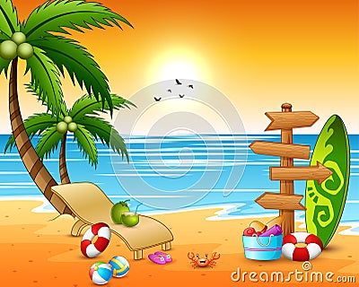 Summer holidays beach background with wooden arrow, surfboard, beach ball and lifebuoy Vector Illustration