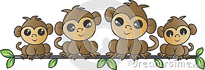 Adorable monkey family sitting on a branch Vector Illustration