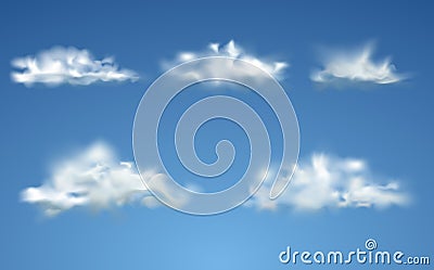 Set of Clouds on blue sky. Set of realistic isolated cloud on the blue background. Vector Illustration