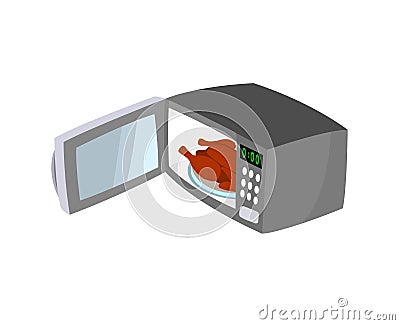 Microwave open the door with chicken inside. Stock Photo