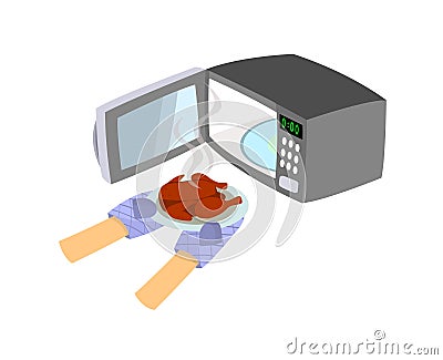 Microwave with open door. Wear gloves to remove the chicken from the microwave. Stock Photo