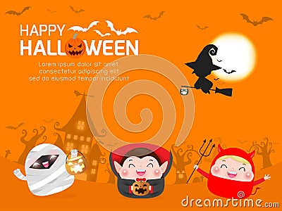 Happy Halloween. Group of kids in halloween costume Template for advertising brochure. Happy Halloween party poster Vector Illustration