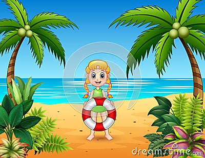 Cute girl holding lifebuoy at the seaside Vector Illustration