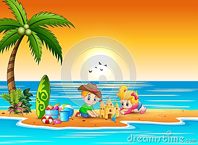 Cute boy and girl cartoon making sandcastle at the beach Vector Illustration