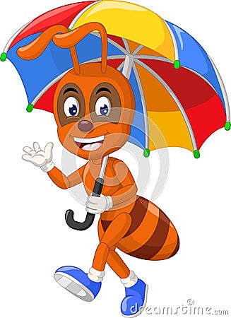 Funny Brown Ant With Umbrella Cartoon Stock Photo