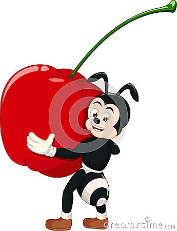 Funny Black Ant With Red Cherry Cartoon Stock Photo