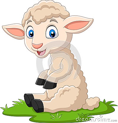 Cute lamb cartoon sitting on the grass Vector Illustration