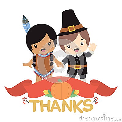 Native American Indian Girl and Pilgrim Boy Holding Hands with Thanksgiving Decoration and Banner Vector Illustration Card Vector Illustration