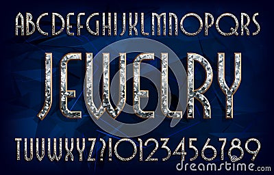 Jewelry alphabet font. Art deco golden letters and numbers with diamond gemstone. Vector Illustration
