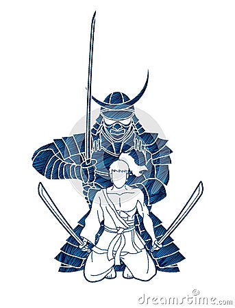 2 Samurai composition with swords cartoon graphic Vector Illustration