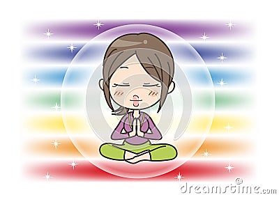 Meditation in Seven chakras color - Woman is holding her hands together in prayer Vector Illustration