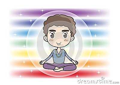 Meditation in Seven chakras color - Man of opened eyes pose Vector Illustration