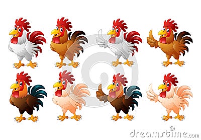 Cartoon funny rooster collection set Vector Illustration