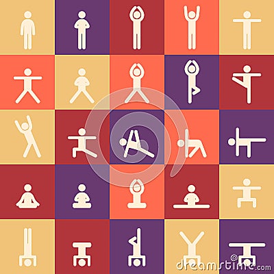 Yoga poses asanas icons set. Vector illustrations. Yoga seamless pattern. For logo yoga branding. Yoga people infographics. Stick Vector Illustration