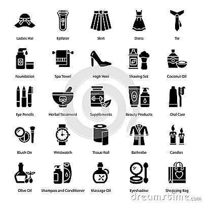 Beauty, Makeup and Fashion Solid Icons Set Vector Illustration