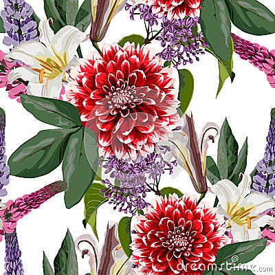 Nature seamless pattern. Hand drawn summer background: red dahlia, lilac, lilies and lupines flowers. Vector Illustration