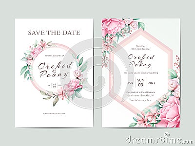 Cute wedding invitation template. Watercolor peonies and roses cards Vector Illustration