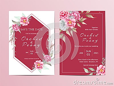 Elegant floral wedding invitation template set. Red background and watercolor flowers cards Vector Illustration