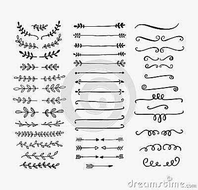 Hand drawn vector dividers. Lines, borders and laurels set. Doodle design elements. Vector Illustration