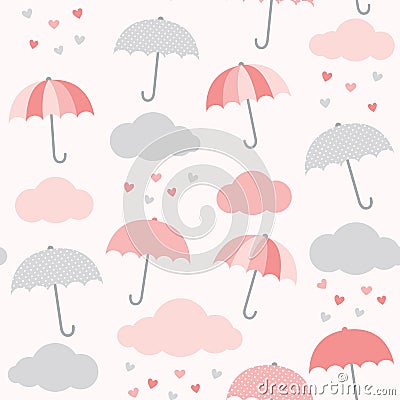 Vector pattern with umbrella, cloud and heart rain. Valentine`s day seamless background. Cute design for baby girl shower. Vector Illustration