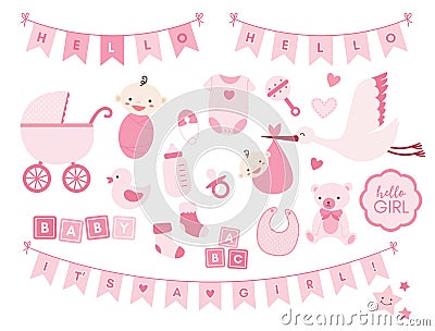 Baby girl shower design elements. Vector set of cute newborn icons. Vector Illustration