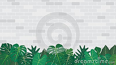 Tropical leaves decoration on white brick wall background Cartoon Illustration