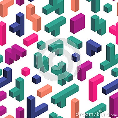 Seamless pattern with colorful pieces of electronic game in isometric style Vector Illustration