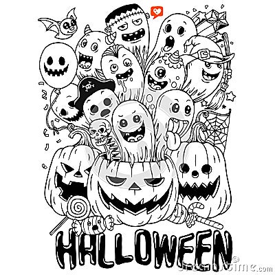 Hand drawn of cute doodle halloween cartoon Vector Illustration