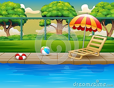 Outdoor swimming pool with chaise lounger and toys Vector Illustration