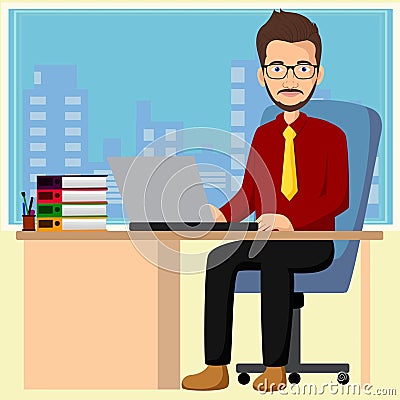 Handsome manager working with laptop in office Vector Illustration