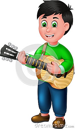 Funny Boy In Green Shirt Playing Guitar Cartoon Vector Illustration