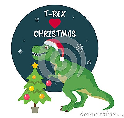 Tyrannosaurus Rex Christmas Card. Dinosaur in Santa hat decorates Christmas tree. Vector Illustration