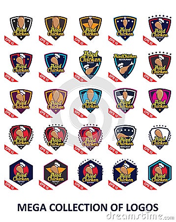 Fried chicken logos. set of 25 fried chicken badges for your business. Modern designs templates for restaurant Vector Illustration