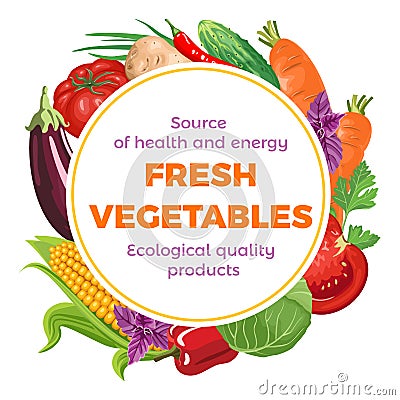 Round banner with various vegetables and herbs Vector Illustration