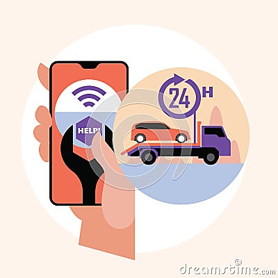 Hand holding smartphone. Online roadside assistance, car towing service mobile app concept Vector Illustration