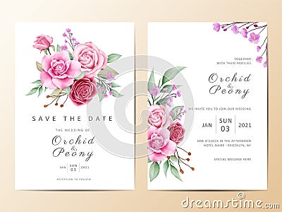 Wedding invitation cards template set with watercolor flower bouquet Vector Illustration