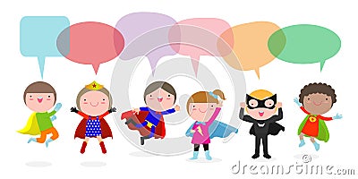 Cute superhero kids with speech bubbles, Set of super hero child with speech bubbles isolated on white background, Vector Vector Illustration