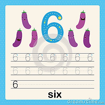 Number 6, card for kids learning to count and to write, worksheet for kids to practice writing skill, Vector illustration Cartoon Illustration