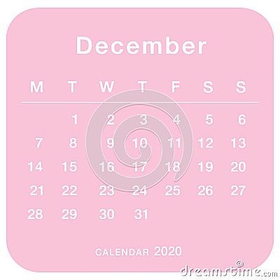 December 2020 planning calendar . Simple December 2020 calendar. Vector Illustration