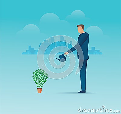 a businessman watering light bulb shape plant. vector illustration Vector Illustration