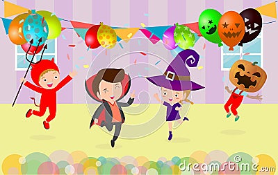 Happy Halloween Kids Costume Party. Group of children in Halloween cosplay. Template for advertising brochure. Vector Illustration