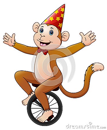 Circus monkey cartoon riding a monocycle with smile Vector Illustration