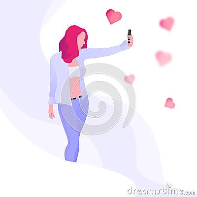 Young girl or woman makes selfie on a smartphone. Female cartoon characters with mobile phones. Vector Illustration