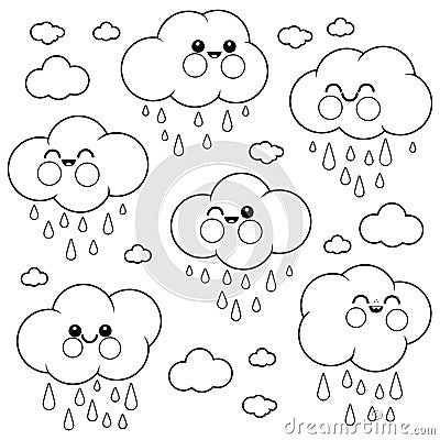 Cute raining cloud characters. Funny happy smiley clouds. Smiling clouds with raindrops. Vector black and white coloring page. Vector Illustration
