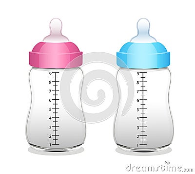 Baby bottles for girl and for boy. Vector illustration. Cartoon Illustration