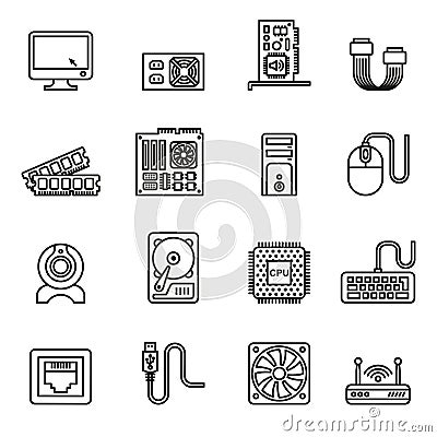 Computer Hardware, PC Components icons set. Line Style stock vector. Vector Illustration